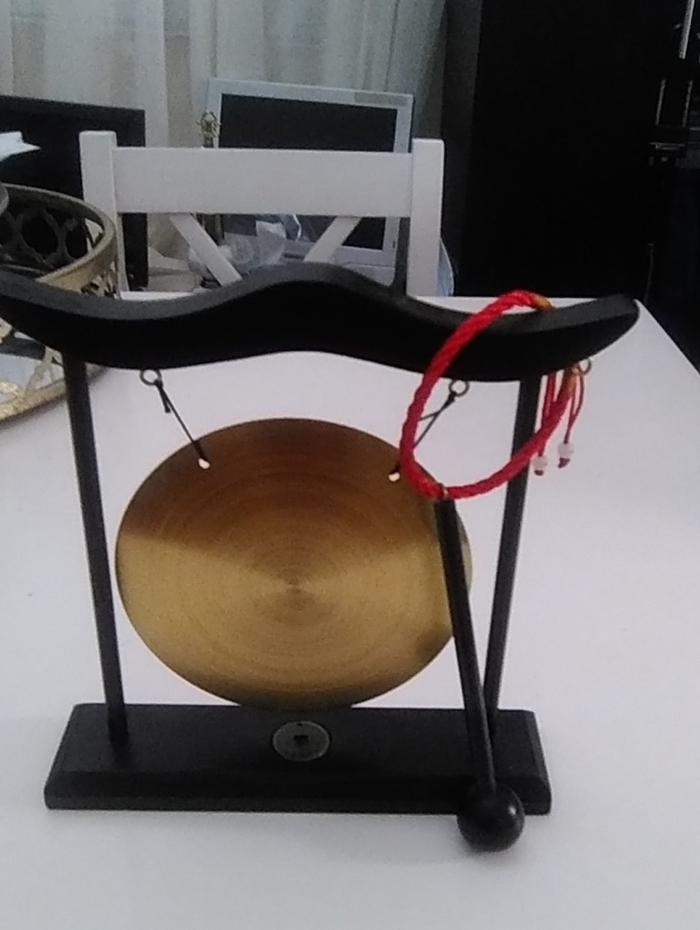 Tabletop Decorative Gong with Brass Accent and Black Stand